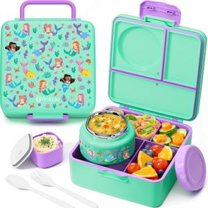 Fimibuke Bento Lunch Box for Kids Adult, 3-4 Compartment 60OZ Toddler Lunch Box Container with Leakproof 8OZ Insulated Food Jar, Sauce Jar, Utensil for School Boys Girls, BPA-Free Dishwasher Safe (B6.Underwater Mermaid)