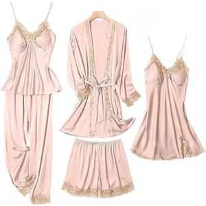 SAPJON Womens Pajama Sets 5PCS Silk Pajamas for women Cute Sleepwear Loungewear Satin Pajamas Sets for Women Soft (Large, Pink)