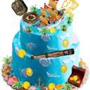 Charniol 32 Pcs Pirate Ship Cake Topper Nautical Sailboat Model Decoration Set Gold Coins Pirate Gems Treasure Telescope for Birthday Party Supplies