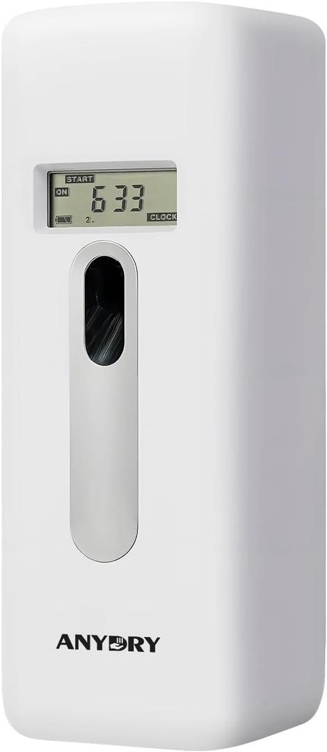 Anydry Automatic LCD Air Freshener Dispenser Wall Mount or Free Standing, Programmable Spray for Bathroom Home Office Hotel Commercial Use, Compatible with Glade Refills, White