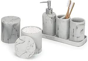 ZCCZ - Bathroom Accessories Set 6 Pcs - White Marble Design Toothbrush Holder, Lotion Soap Dispenser, 2 Qtip Holder Dispenser, Vanity Tray, Bathroom ...