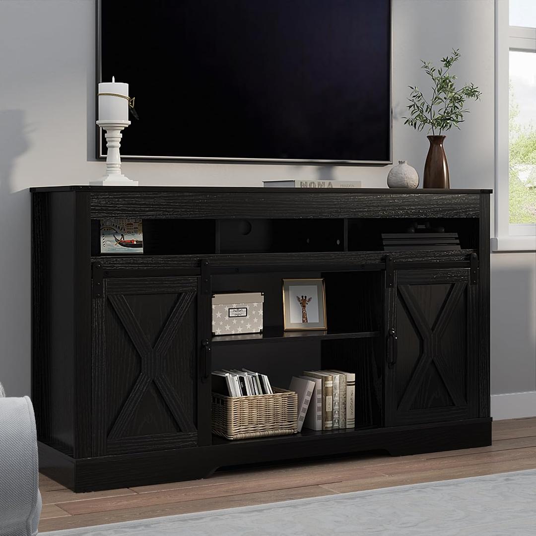 RoyalCraft Farmhouse TV Stand for 23" Fireplace, 34'' Tall Entertainment Center for 65+ Inch TV, 34" Tall Rustic TV Console with Sliding Bar Door for Living Room Black, Farmhouse TV Stand without Fireplace