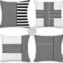 Fukeen Black and White Patchwork Farmhouse Pillow Covers 18x18 Inch Pack of 4 Striped Linen Decorative Modern Accent Pillow Cases for Sofa Couch Bedroom