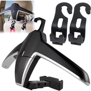 Car Back Seat Headrest Hanger 2 Car Hooks for Coat, Jacket, Suit, Clothes, Purse, Handbag, Grocery Bags - Multi-Purpose Storage Holder for Automobile - Black