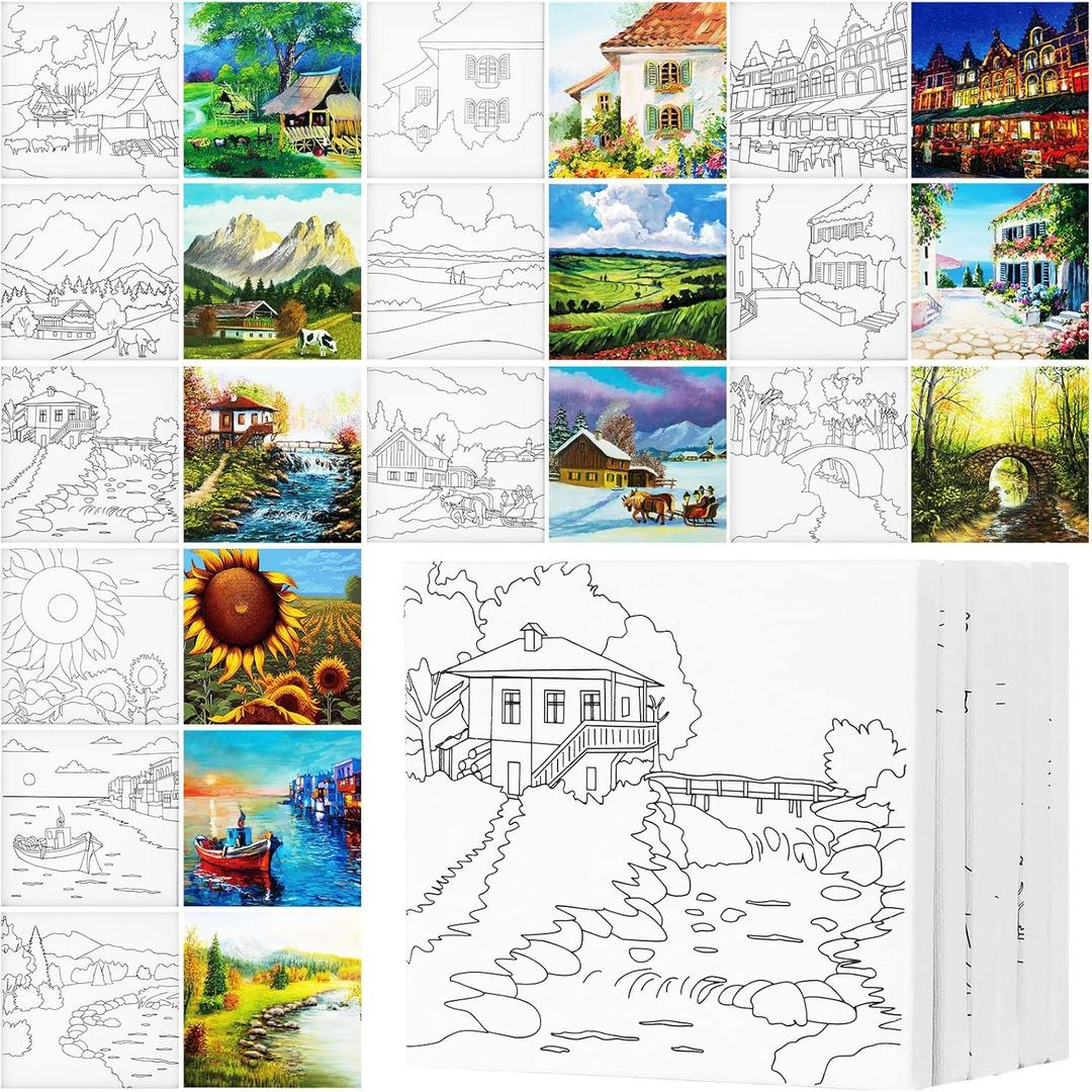 Teling 12 Pcs Pre Drawn Stretched Canvas Kit for Adults Painting Pre Printed Canvas Outline for DIY Painting Party Favor,6 x 6 x 0.6 Inches(Landscape)