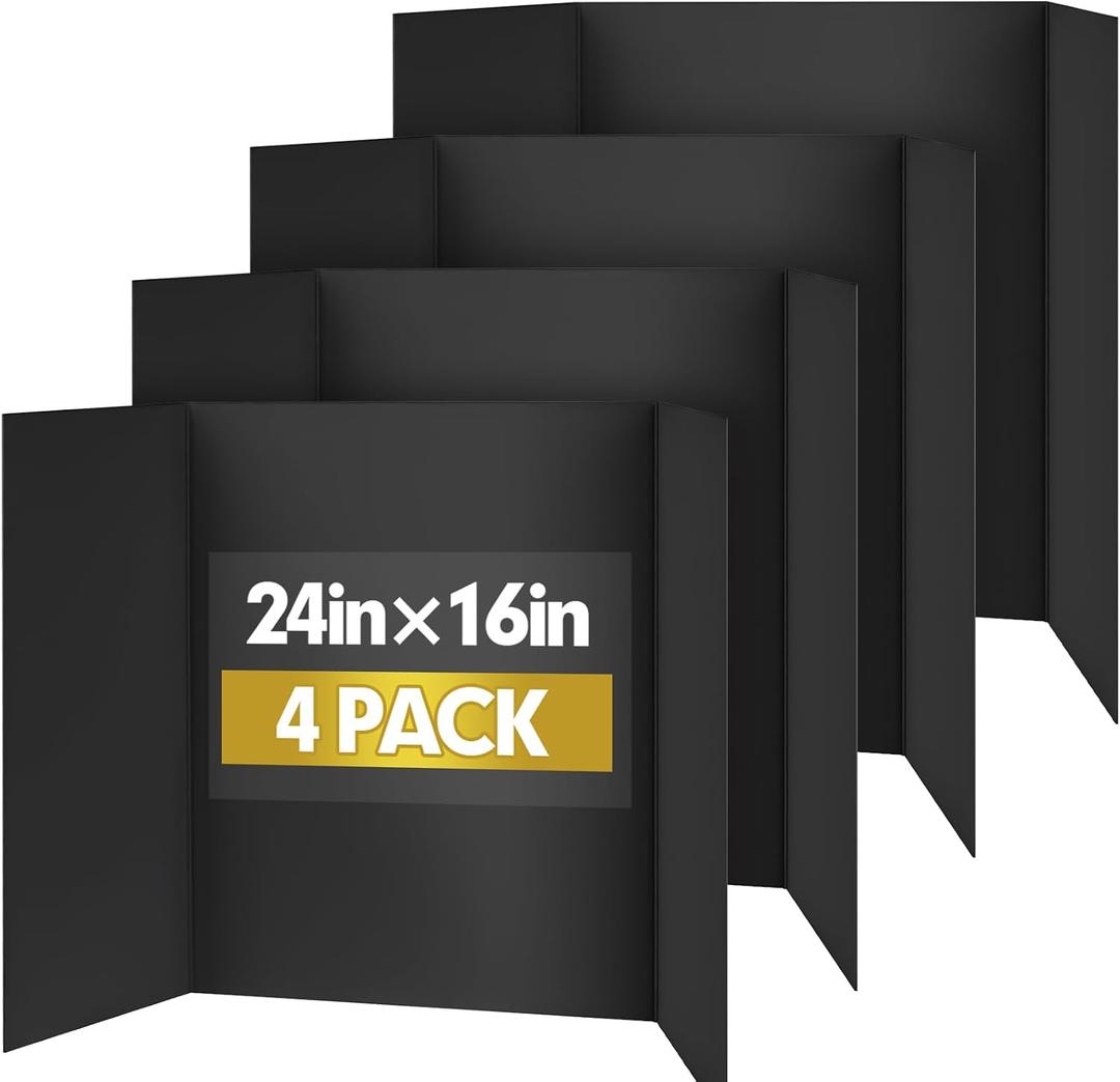 Trifold Poster Board,4 Pack 24" x 16" Black Corrugated Poster Boards,Display Board,Perfect for School Projects, Science Fairs, Event Displays, and Business Presentations