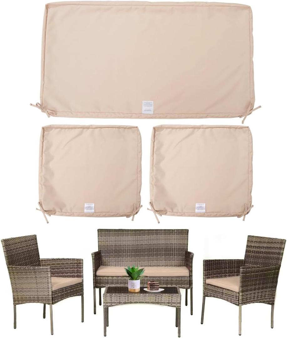 ClawsCover 3Pack Outdoor Seat Cushions Replacement Covers Fit for 4 Pieces Wicker Rattan Patio Furniture Conversation Set Chair Loveseat,36x18x2,18x18x2,Light Khaki-Small (Include Cover Only)
