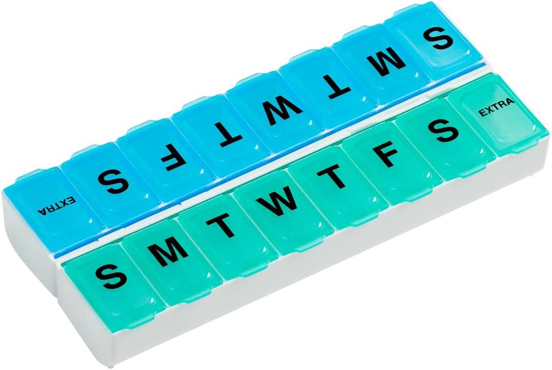 EZY DOSE Weekly (14-Day) Pill Organizer, Vitamin and Medicine Box, Large Snap Compartments, Easy-To-Open, BPA Free, Blue and Green