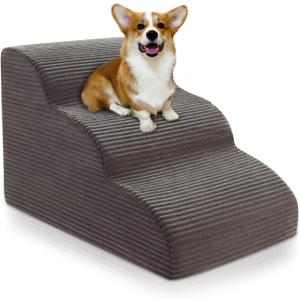 Curved Dog Stairs Ramp for Beds Couches and Chair, 15.7" H, 3-Step Dog Steps for Small Dogs, Pet Stairs for Cats with Non-Slip, Removable and Washable Cover,Balanced Pet Steps Indoor, Deep Grey
