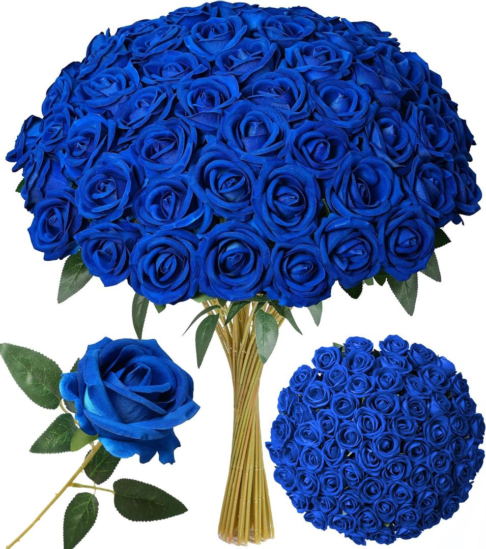 INSPRING 50 PCS Blue Roses Artificial Flowers with Long Stems | Real Looking, Fake Roses, Silk Flowers, DIY Bouquet, Wedding Party Celebration Home Bridal Decoration Gift, for Her Wife