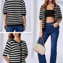 OYOANGLE Women's Short Sleeve Sweater Spring Summer Crochet Knit Top V Neck Striped Button Down Dressy Casual Blouse (M)