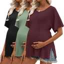 Riyiper 3 Pack Women's Maternity Tunic Shirts Cotton Summer Pregnancy Clothes Loose Oversized Split Side Blouse Tops(Light Green, Wine Red, Black,S)