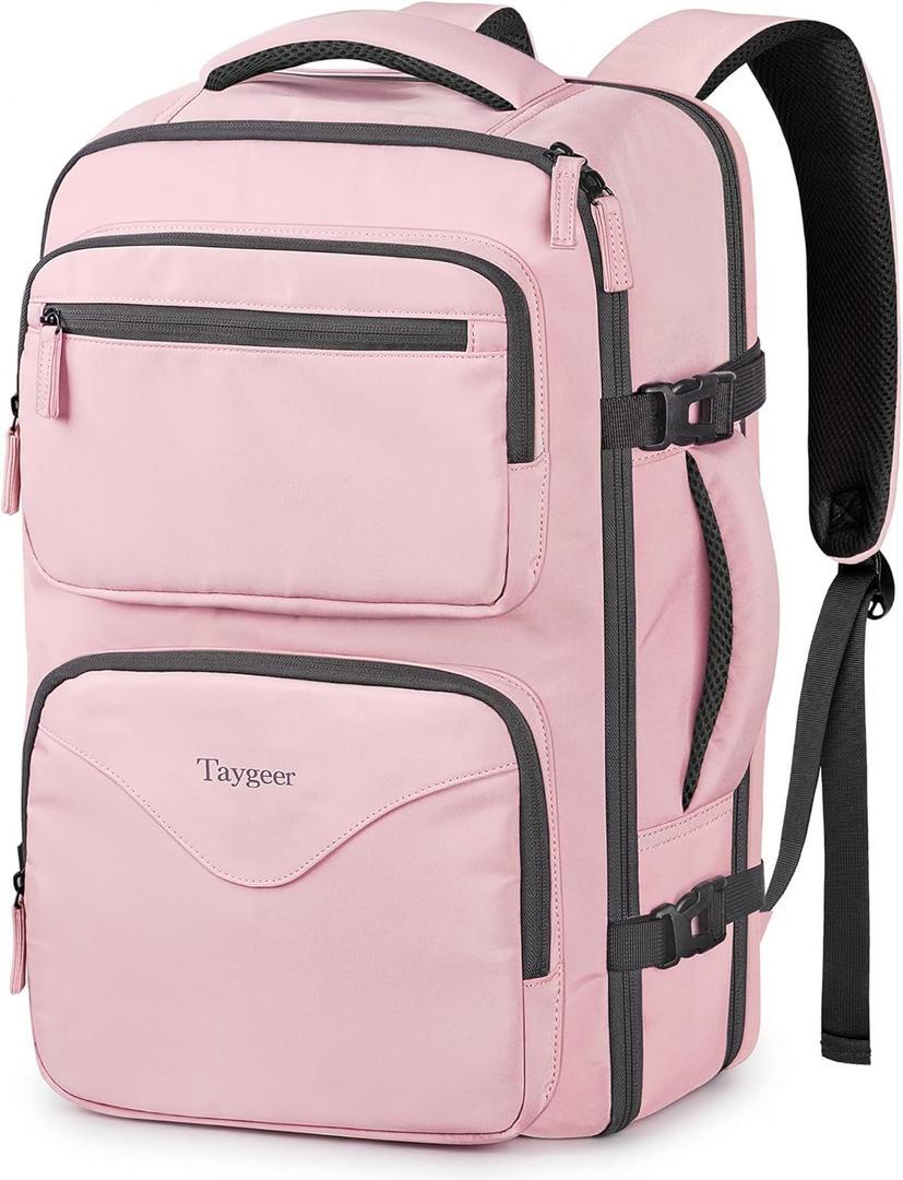 Taygeer 18 x 14 x 8 Inches Personal Item Bag, Travel Personal Item Bag with Water Bottle Pocket & Shoe Pouch, TSA Approved Under Seat Carry on Backpack Fits 15.6 inch Laptop for Women Airplanes, Pink
