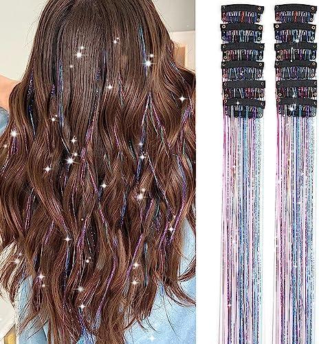 Hair Tinsel Pack of 12 Pcs Colorful Glitter Hair Accessories 20 Inch Clip in Hair Tinsel Extensions Fairy Hair Accessories Party Kit for Women Girls Kids (12Pcs,Colorful#)