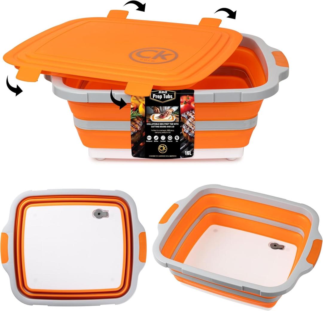 New XL Collapsible BBQ Prep Tub wtih LOCKING Lid, Cutting Board & Drain Hole | BPA-Free, Food-Grade, Recyclable, Space-Saving Caddy for Grilling, Camping, Kitchen & Outdoor Cooking (Orange, 16 Liters)