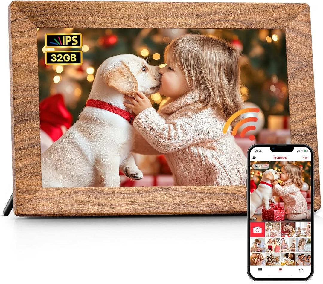 Frameo 10.1" Digital Picture Frame, Smart WiFi Digital Photo Frame with 1280x800 HD IPS Touch Screen 32GB Memory Auto-Rotate Wall Mounted, Share Photos/Videos from Phone Anywhere(Brown Wood)