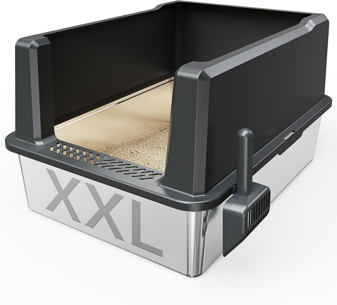 XXL Stainless Steel Cat Litter Box Extra Large 28"x20.5"x14" Metal Litter Box High Sides for Big Cats&Multiple Cats, Jumbo with lid Easy to Clean, No Odor, Anti-Urine Leakage, Non-Sticky (XX-Large, Gray)
