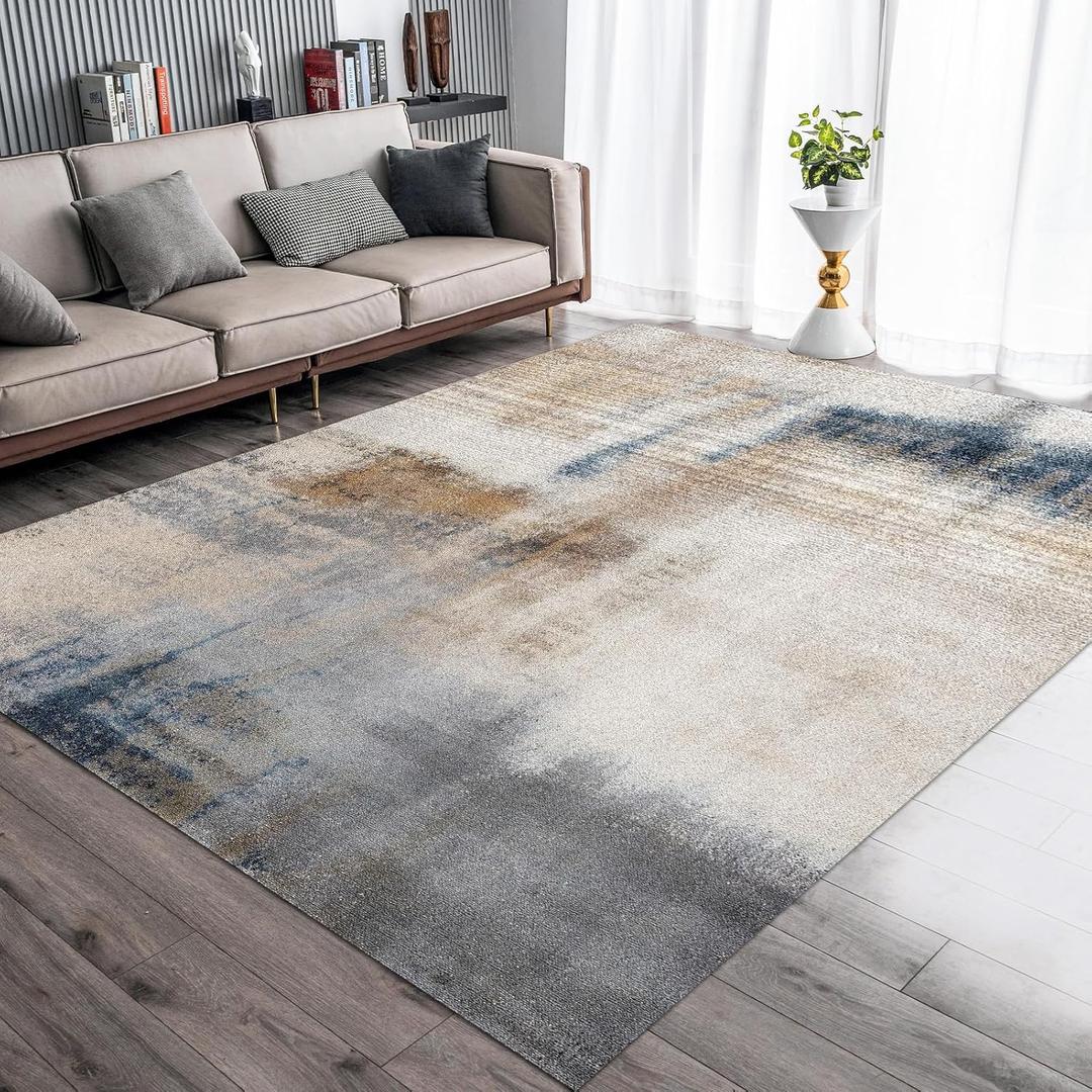 OMERAI Washable Rug 8'x10' Abstract Machine Washable Area Rugs for Living Room Ultra-Thin Non Slip Stain Resistant Modern Large Carpet for Bedroom Dining Room Office (Grey-Beige)