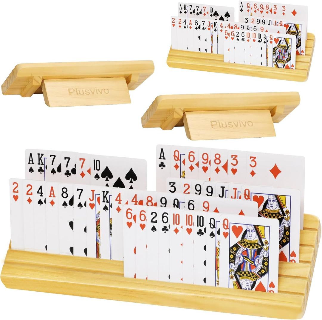 plusvivo Card Holders for Playing Cards with Adjustable Stand Set of 4, Playing Card Holders for Seniors Adults Kids 5 Slots up to 110 Cards, 12" Wooden Card Holder for Canasta Bridge