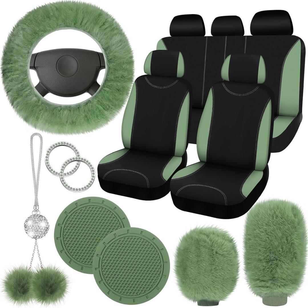 Fulmoon 17 Pcs Car Seat Cover Full Set for Women Fluffy Fuzzy Car Accessories Christmas Front Rear Steering Wheel Fleece Handbrake Shift Covers Hanging Accessory Holder Ring Emblem(Sage Green)