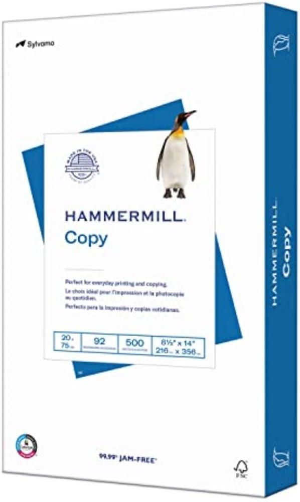 Hammermill Printer Paper, 20 lb Copy Paper, 8.5 x 14-1 Ream (500 Sheets) - 92 Bright, Made in the USA