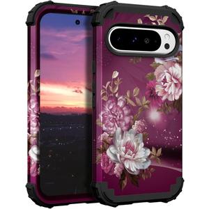 Hocase for Google Pixel 9 Pro XL Case, Shockproof Heavy Duty Protection Hard Plastic+Silicone Rubber Bumper Hybrid Protective Case for Google Pixel 9 Pro XL 6.8" 2024 - Royal Purple Flowers