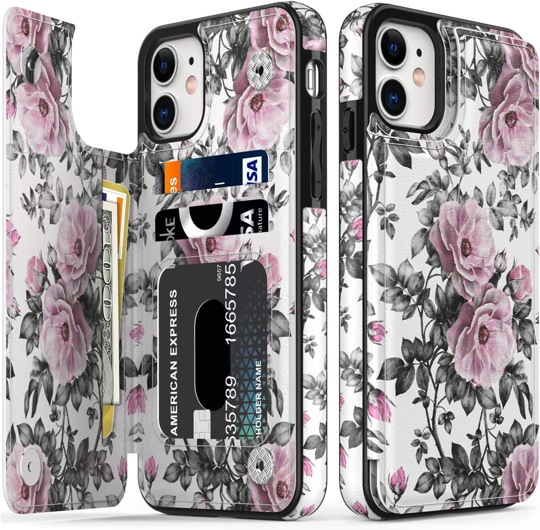 LETO for iPhone 12 Mini Pro Case,iPhone 12 Mini Case,Luxury Flip Folio Leather Wallet Cover with Fashion Designs for Girls Women,Card Slots Kickstand Protective Phone Shell Elegant Pink Flowers