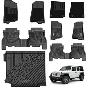 3W Floor Mats & Cargo Liner with Carpets on TOP Fit for Jeep Wrangler JL 2018-2024 2025 Unlimited 4-Door Sahara Willys Rubicon with Subwoofer(Non JK or 4XE) Car Mats Custom Fit for Wrangler JL, 8PCS