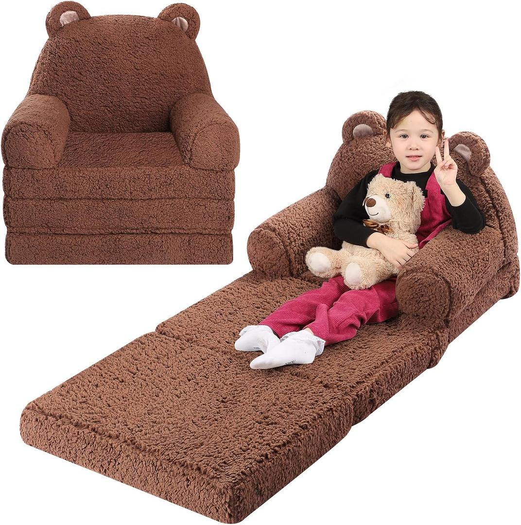 Foldable Sofa for Kids, Sherpa Teddy Bear Toddler Couch With Tri Folding Foam Cushions, Comfy for Ages 3-6 (Medium)