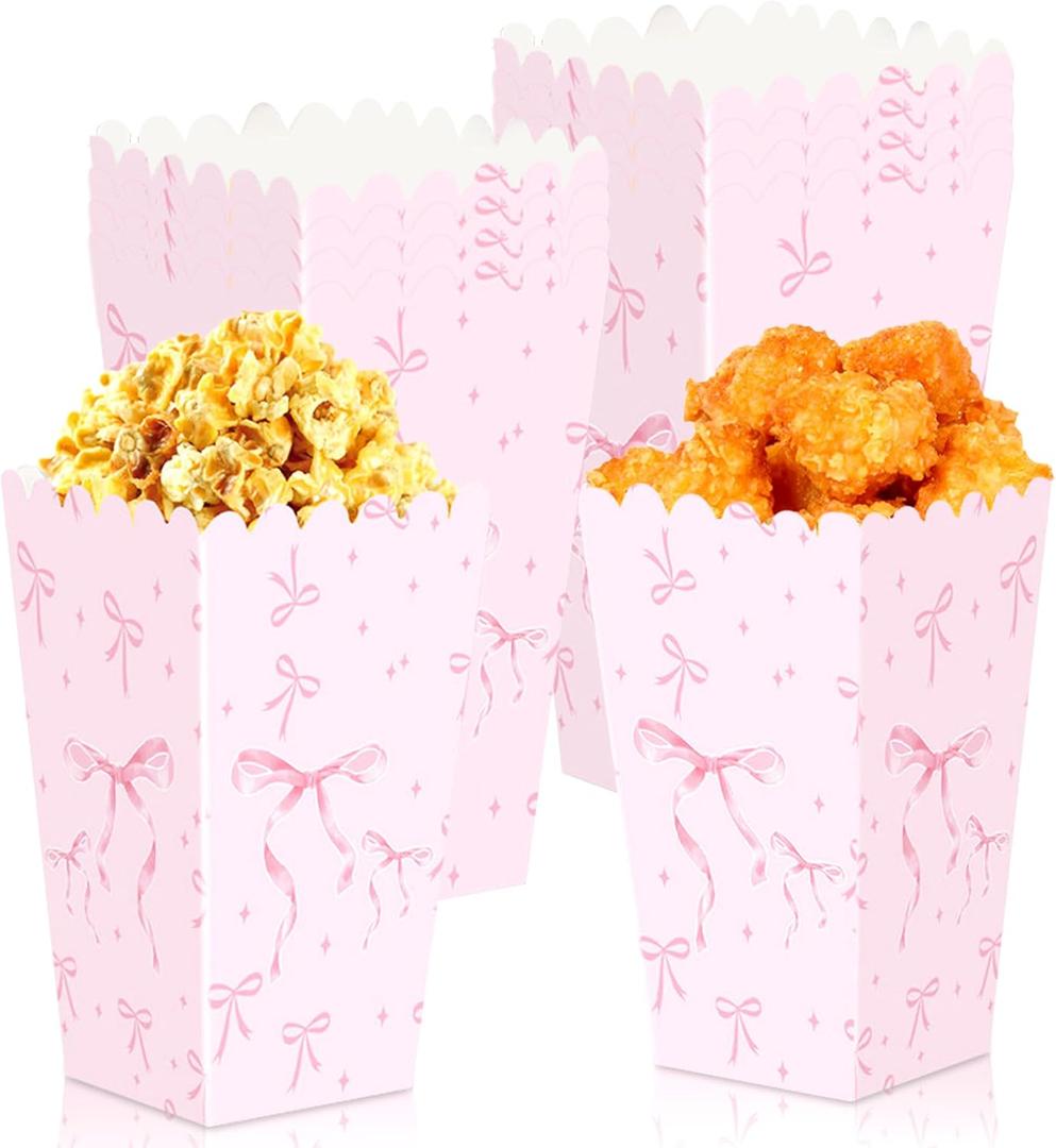 JeVenis 20Pcs Pink Bow Popcorn Boxes Bow Party Favor Bags Bow Gift Treat Goodies Candy Boxes for Birthday Baby Shower Bachelorette Party Supplies