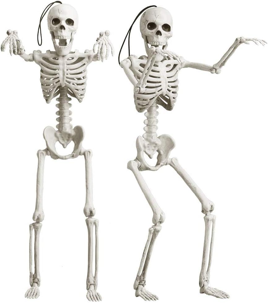 OKPOW 16" Small Skeleton Halloween Decor Full Body 2 Pack - Plastic Mini Skeleton Halloween Poseable Hanging Decorative - Cute Posable Joints Little Skeletons Indoor Table Decoration