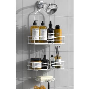 Shower Caddy Hanging - Bathroom Shower Organizer with Soap Holder & 6 Hooks for Towels Shower Rack Over Shower Head Shower Shelf for Inside Shower White