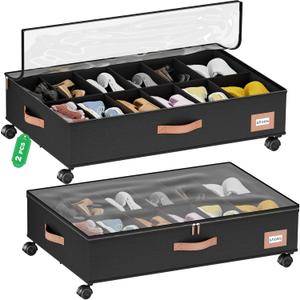 homyfort Under Bed Shoe Storage with Wheels, Fits 24 Pairs, Rolling Shoe Organizer with Bottom Support & Clear Lids, Sturdy Under Bed Storage Box for Shoes, Set of 2, Black