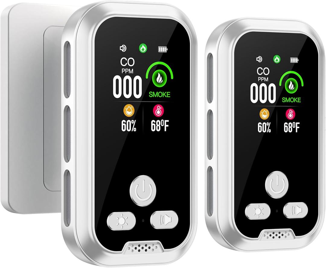 2-Pcs 4IN1 Plug in Smoke & Carbon Monoxide Detector Combination Builti-in 2000 mAh Backup Battery HD Screen [Smoke CO Temp Humidity Sensor] Alarm for Home Travel Hotel Indoor (White)