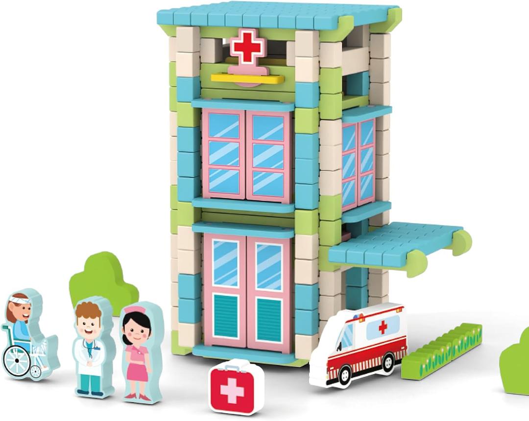 123PCS Wooden Building Blocks Set for Toddlers, Construction City Stacking Toys, Preschool Learning Educational Toys for Kids 3+ Years Girls and Boys (Hospital)