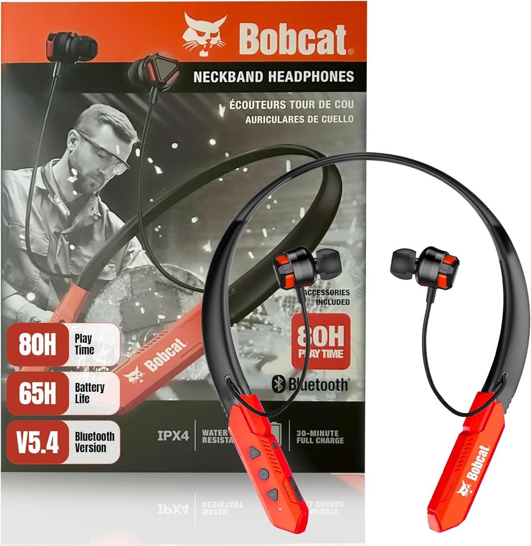 CJ TECH Bobcat Neckband Bluetooth Headphones - Earphones with Microphone, 80H Battery, Fast Charging - IPX4 Sweatproof Sports Headphones for Running, Jobsite, Gym, and Workout