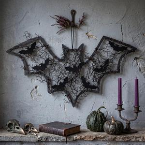 Hotop Bat Shaped Halloween Wreath for Front Door Black Bat Wreath