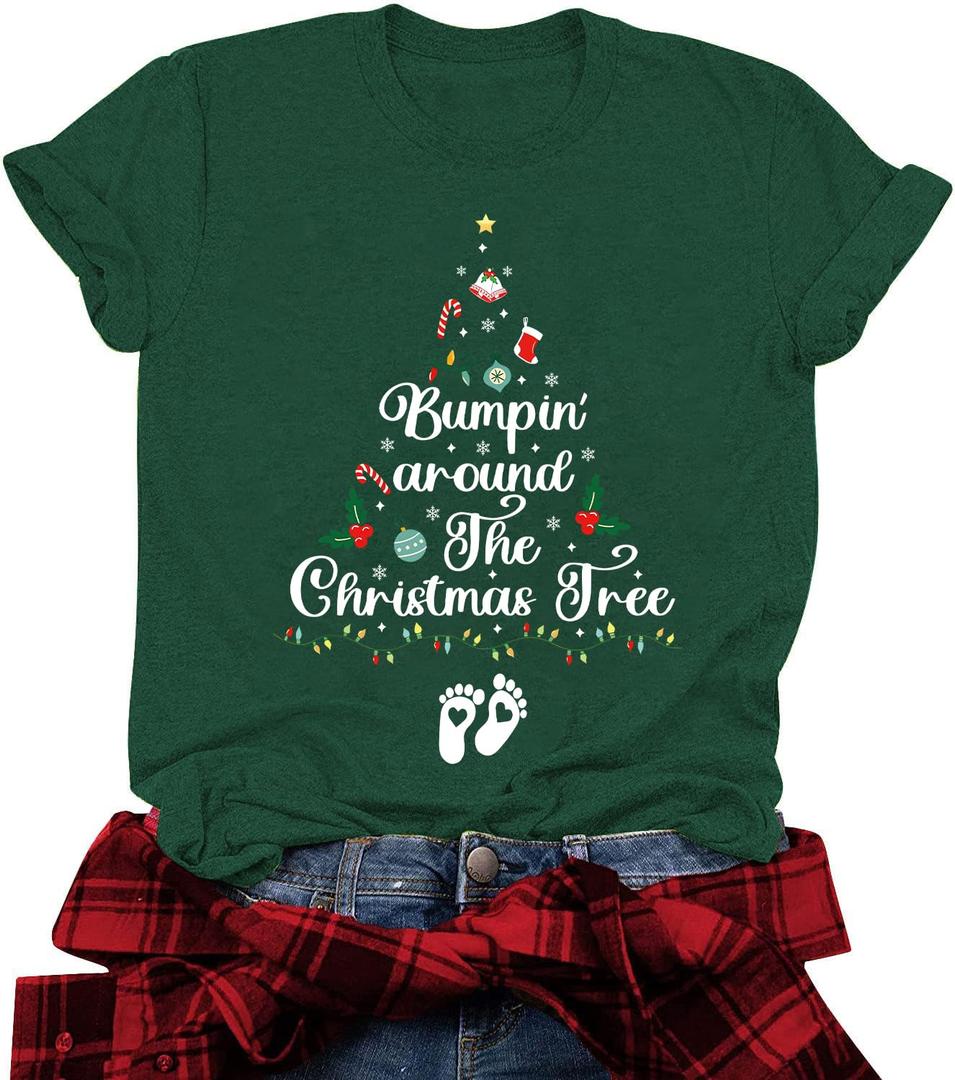 Maternity Christmas Shirt Women Bumpin'Around The Christmas Tree Shirts Cute Pregnancy Announcement Tee Tops (M)
