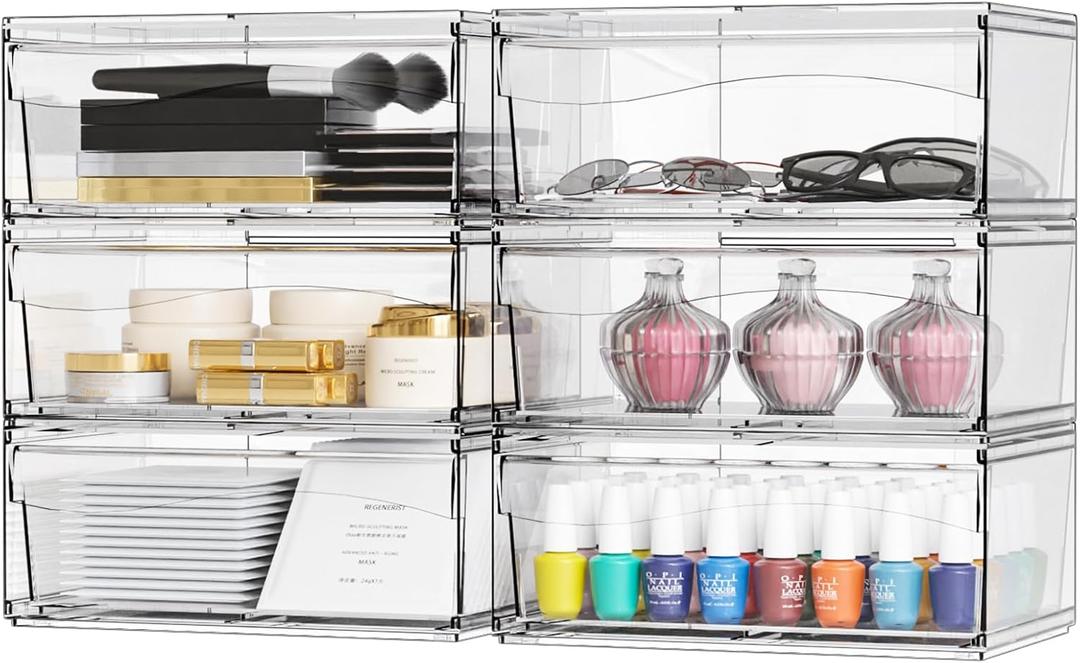 6 Pack Clear Stackable Storage Drawers, 12"W Large Bathroom Makeup Organizer and Pen, Sunglass, Medicine, Baby Bottle Organizer, Plastic Pull Out Storage Bins for Desk, Under Cabinets, Vanity Countertop