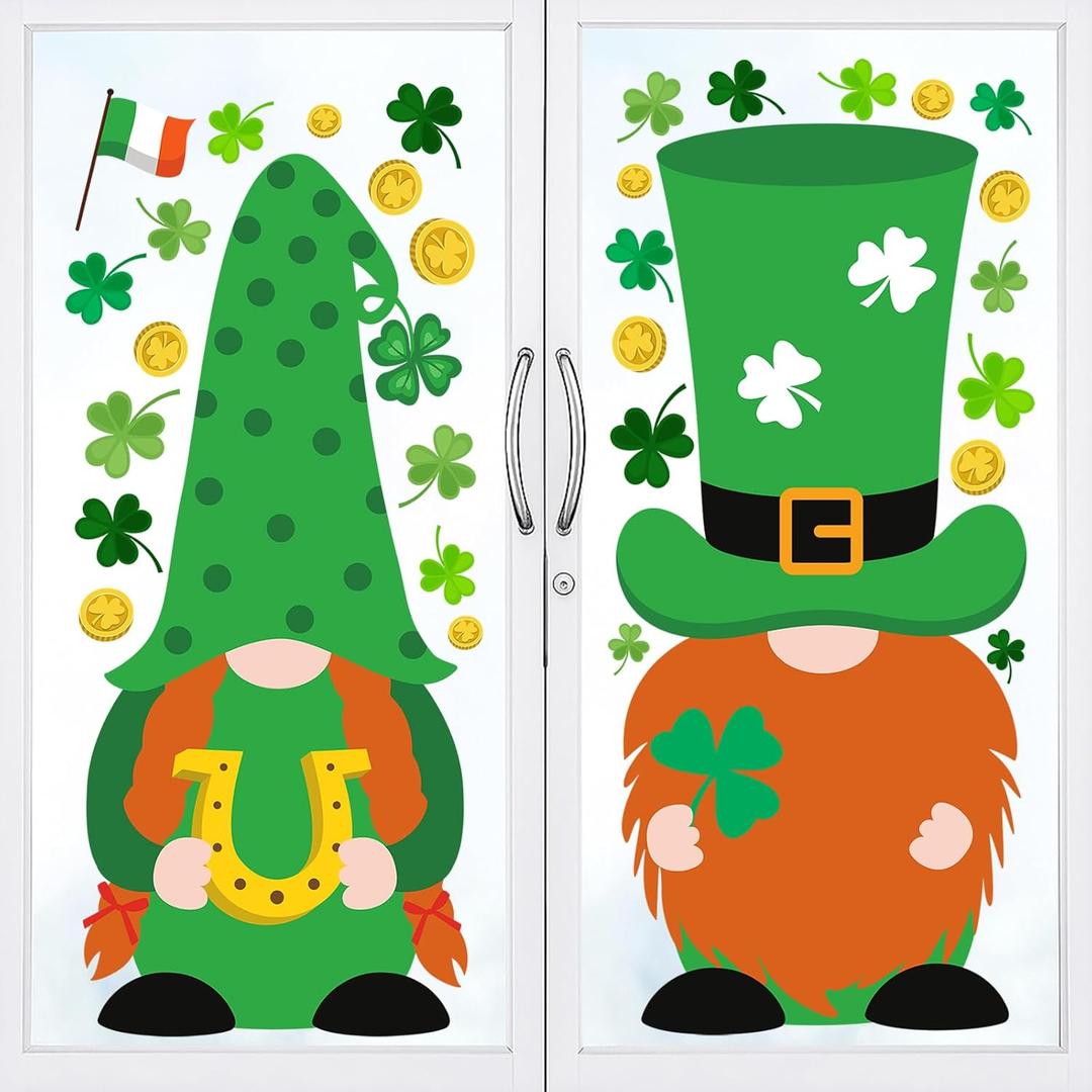 2 x Ctosree 2 Sheets Extra Large St. Patrick's Day Window Clings Decorations, Green Shamrock Gnome Window Clings Stickers for Saint Patrick's Day Decoration Birthday Party Supplies