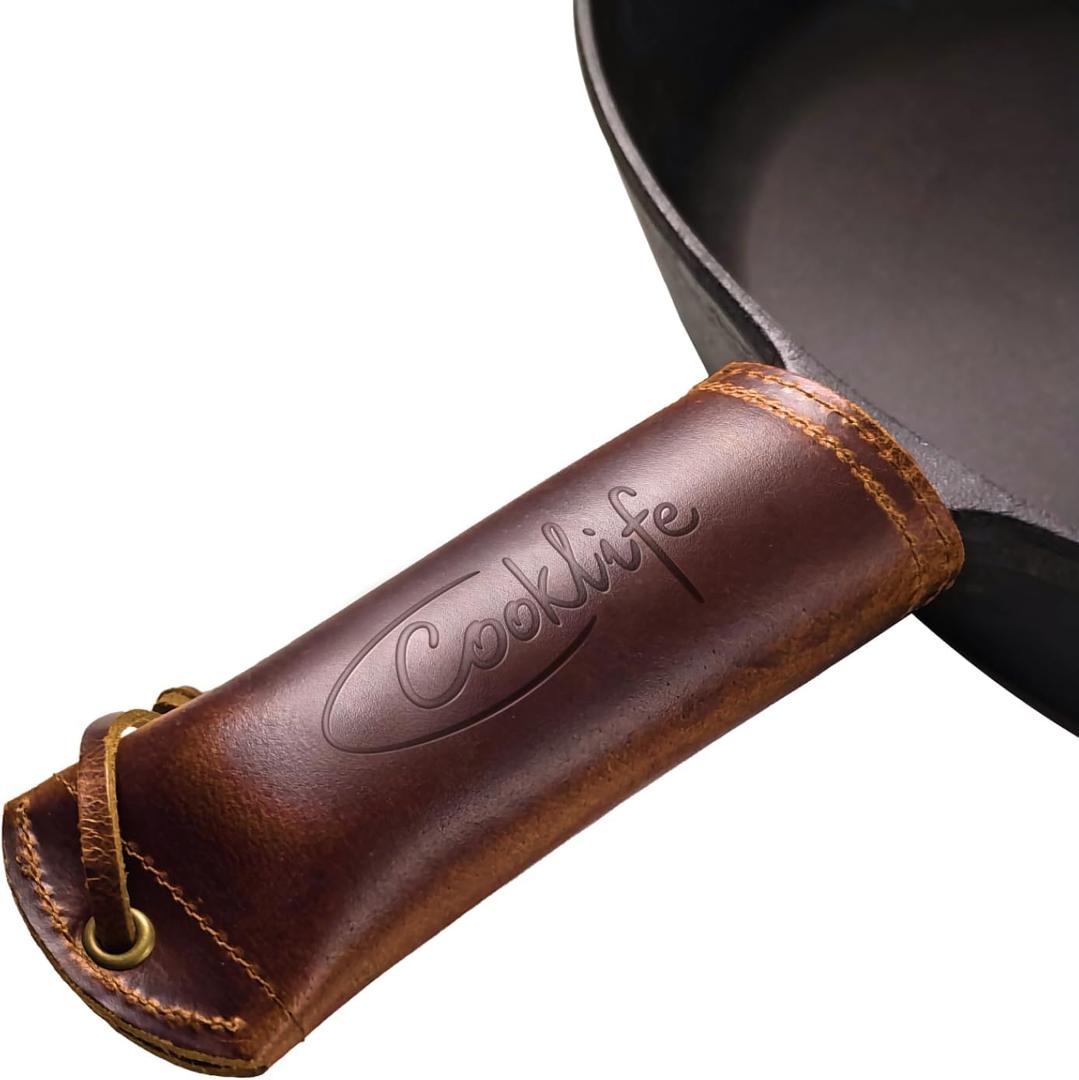 COOKLIFE Cast Iron Handle Cover - Extra Thick Leather Hot Handle Holder for Cast Iron Skillets - Reusable Heat Protection Up to 500F Skillet Handle Cover