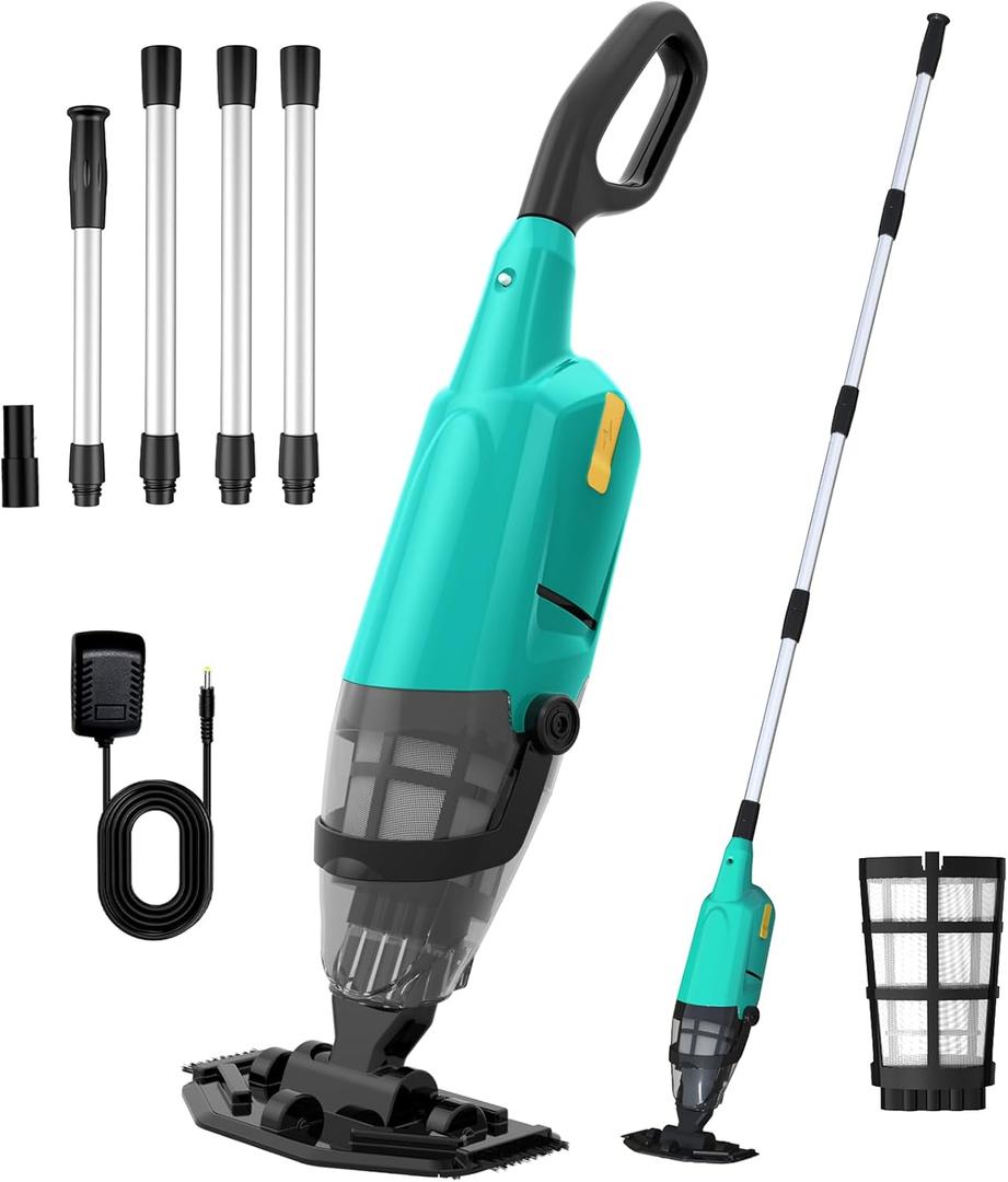 Cordless Pool Vacuum for Above Ground Pools & Spas, 4-Section 87-Inch Inground Pool Vacuum Cleaner, IPX8/Long Runtime, Powerful for Leaves Sand Debris, Lightweight Pool Vac for Steps Corners Walls (Green)