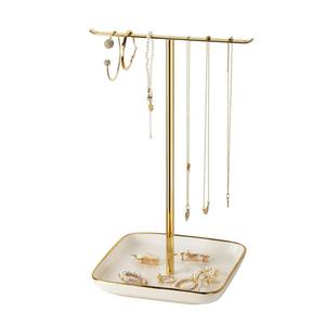 pickpiff Necklace Holder Stand with Ceramic Base: 12" Jewelry Tree Display Organizer for Necklaces, Bracelets, Rings, Earrings, Tall Gold Stand for Women, Aesthetic Room Décor, Gold and White