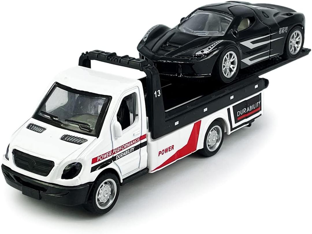 Flatbed Truck Toy Rescue Tow Truck Transport Trailer Car Carrier Metal Diecast Pull Back Vehicles 2 in 1 Vehicle Playset Toy Trucks for Boys Kids Toddlers Birthday Gifts for Age 3 4 5 6, White