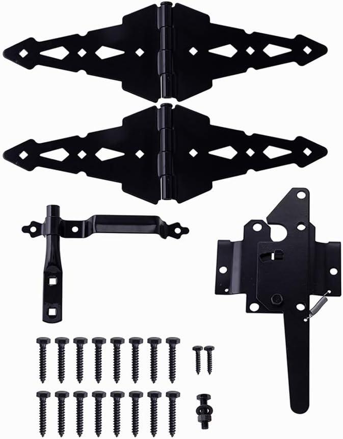 HOME MASTER HARDWARE Wood Gate Hardware Set - Heavy Duty 8" Decorative Strap Hinges and Spring Loaded Latch Kit with Screws for Outdoor Fence Swing Gate Black Finish