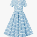 Women Lapel Short Sleeve Slim Printed Dress Vintage 50s 60s Swing A-Line Dress, Size M