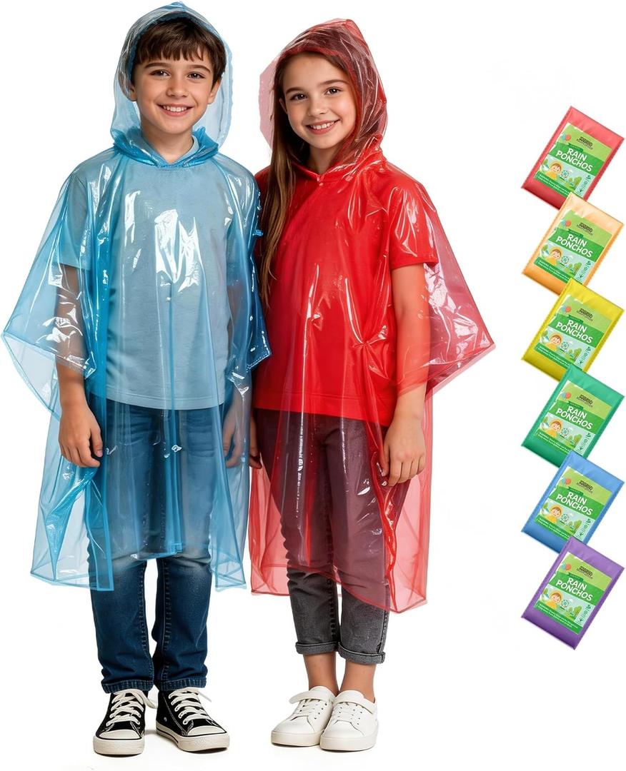 Hitituto Rain Ponchos Family Pack Kids 6/12/24 Pack Disposable Poncho with Hood, Clear & Assorted Colors, Home Survival Kits (One Size)