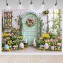 Mocsicka Spring Easter Backdrop 7x5ft - Green Wooden Wall Floral Photography Background Decorations, Easter Day Bunny Party Photo Props Supplies