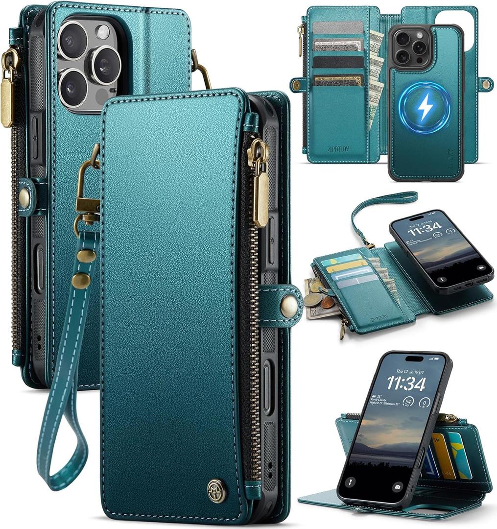 for iPhone 16 Pro Max Wallet Case Magnetic [Compatible with Magsafe] [RFID Blocking Card Holder] Zipper Strap Detachable Drop-proof Protective Phone Cases for iPhone 16 Pro Max 6.9, Turquoise