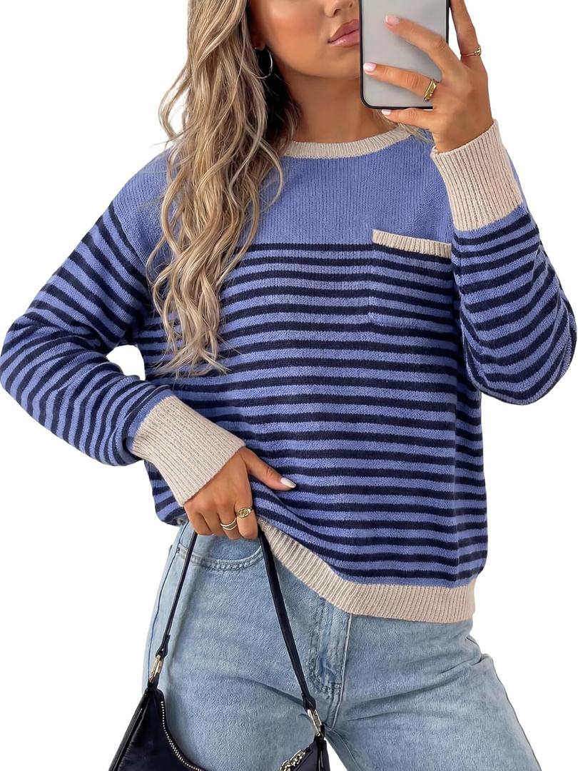 Rooscier Women's Striped Knit Pullover Sweater Crew Neck Long Sleeve Loose Sweaters with Pocket (Purple, L)